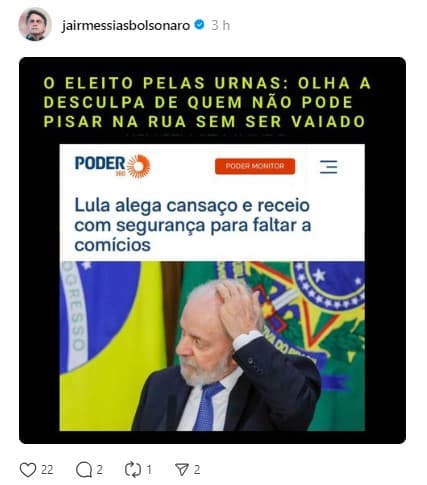 "Olha a desculpa de quem não pode pisar na rua sem ser vaiado", diz Bolsonaro sobre Lula após presidente alegar cansaço para não ir a comícios