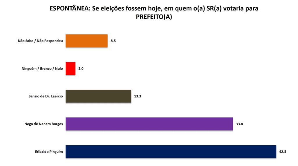 PESQUISA SETA/ SÃO JOSÉ DE CAMPESTRE/ ESPONTÂNEA: Eribaldo lidera com 42,5% contra 33,8% de Nega de Nenem Borges