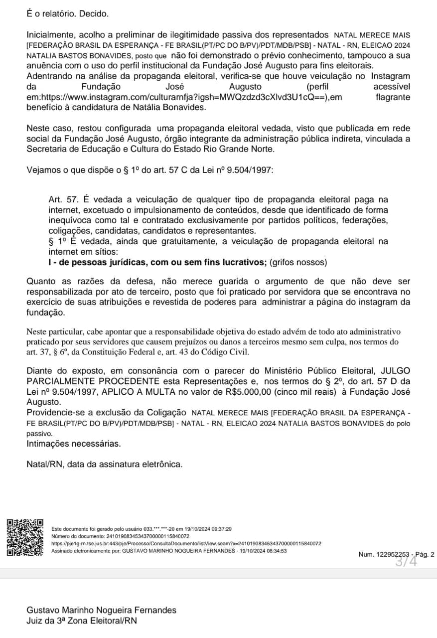 Justiça Eleitoral condena Fundação José Augusto por postagem a favor de Natália no dia da eleição