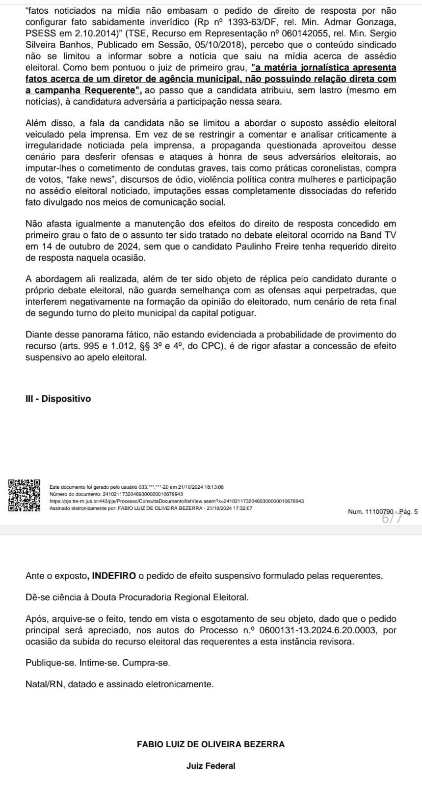 Mais uma Fake news confirmada: Juiz federal nega liminar a Natália e mantém direito de resposta a Paulinho