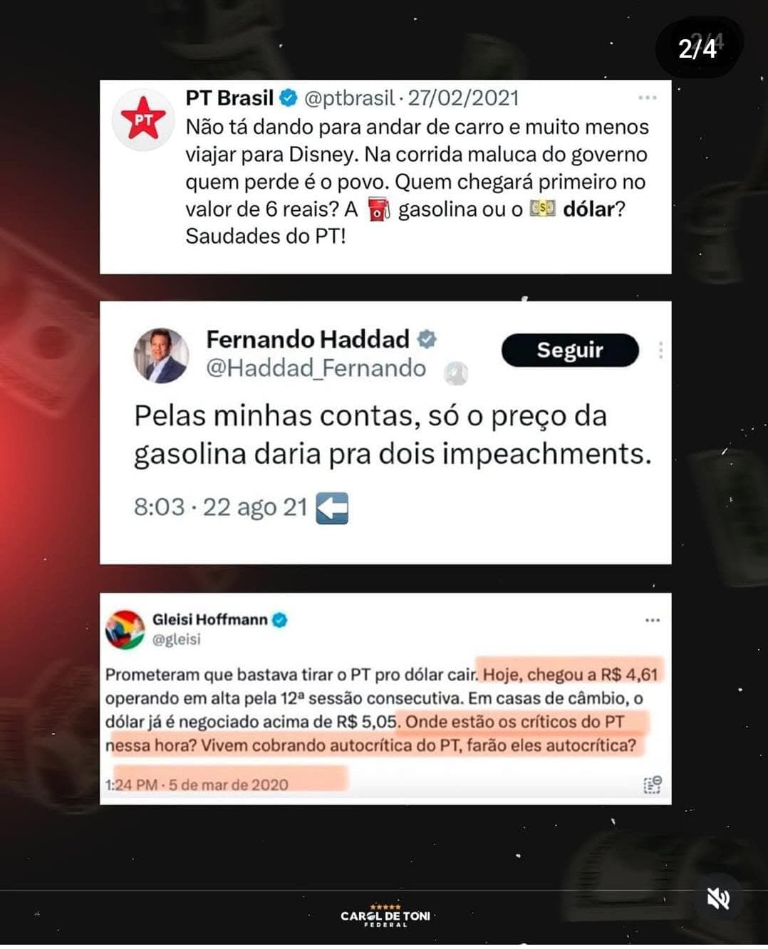 O PRINT É ETERNO: Perfil do PT perguntou em 2021 quem chegaria primeiro ao valor de R$ 6, dólar ou gasolina