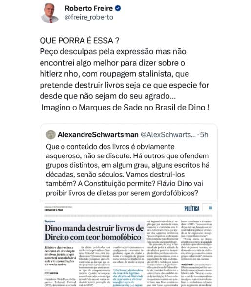 Ex-deputado Roberto Freire detona censura imposta por Dino a livros de Direito