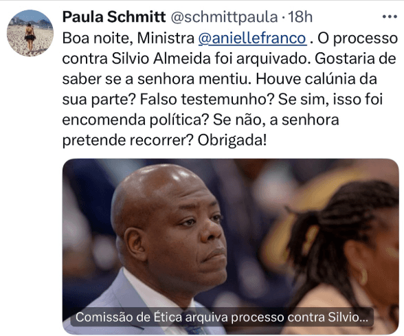 Nas redes sociais, pessoas questionam ministra Anielle Franco sobre arquivamento do processo de Silvio de Almeida