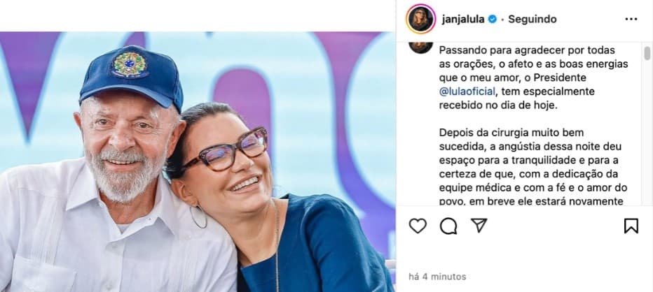Angústia deu lugar à tranquilidade, diz Janja após cirurgia de Lula