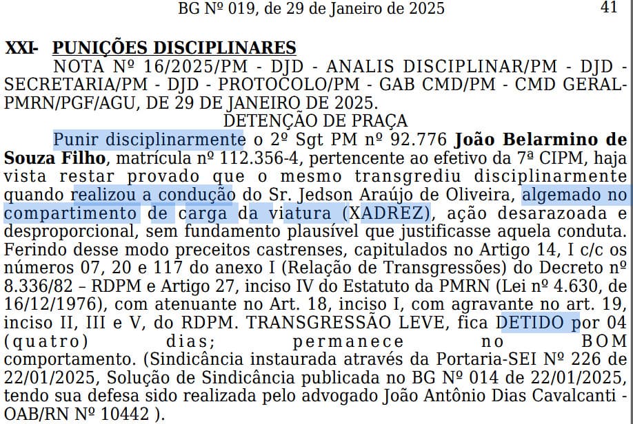 Sargento do RN é punido com detenção por algemar bandido dentro da viatura