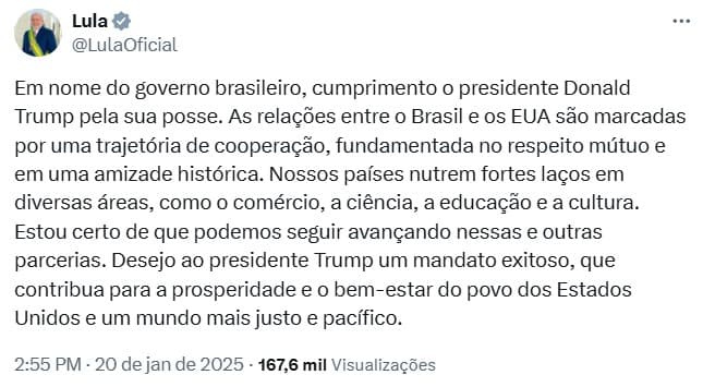 Após posse, Lula cumprimenta Trump e deseja "mandato exitoso"