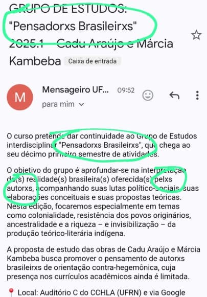 Grupo de estudos da UFRN faz uso de linguagem neutra ao divulgar início de atividades: "Pensadorxs Brasileirxs"