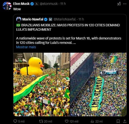 Elon Musk compartilha publicação no X sobre manifestações por impeachment de Lula