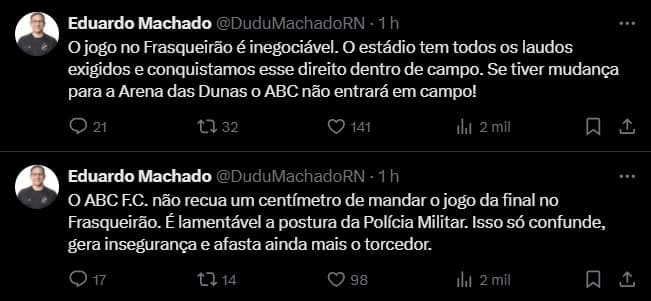 ‘Se tiver mudança para a Arena das Dunas o ABC não entrará em campo', diz presidente do ABC após PM pedir que final não seja no Frasqueirão