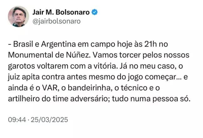 Em sessão do STF, Bolsonaro faz analogia em dia de Brasil x Argentina: ‘No meu caso, o juiz apita contra antes do jogo’