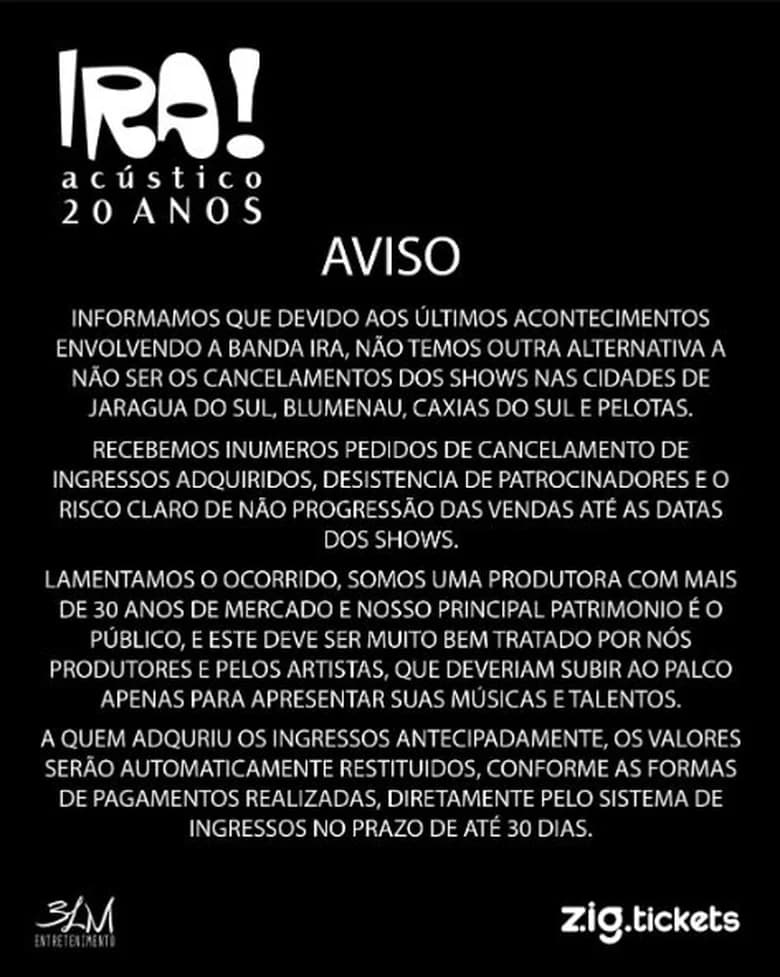 VÍDEO: banda Ira! tem shows cancelados após expulsar fãs da direita