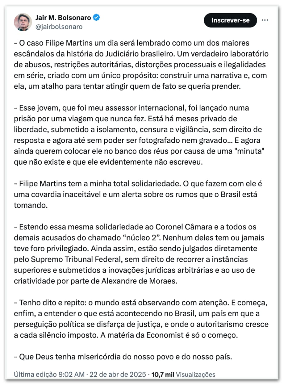 Caso Filipe Martins é "escândalo" da Justiça, diz Bolsonaro