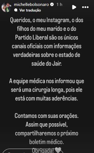 Michelle diz que Bolsonaro passa por “cirurgia longa” e possui “muitas aderências” intestinais