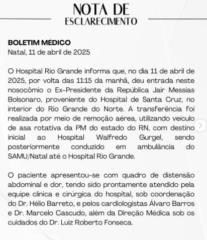 Jair Bolsonaro tem parâmetros vitais estáveis e vai realizar exames complementares, diz boletim médico