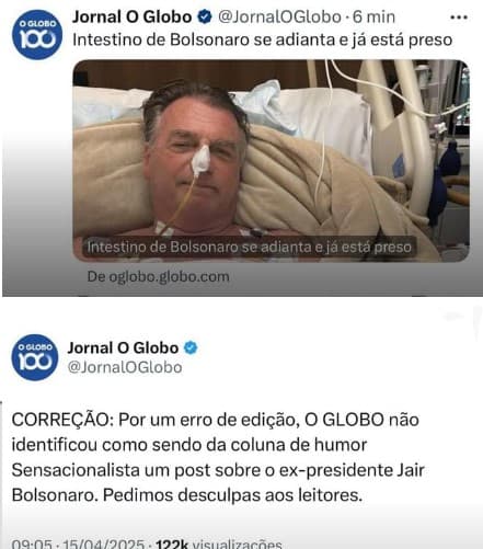 Jornal ‘O Globo' se desculpa por piada sobre saúde e internação de Jair Bolsonaro