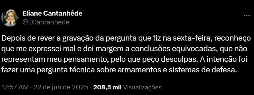 VÍDEO: "Não consigo entender por que o Irã atinge o alvo e não mata ninguém", diz Eliane Cantanhêde da GloboNews
