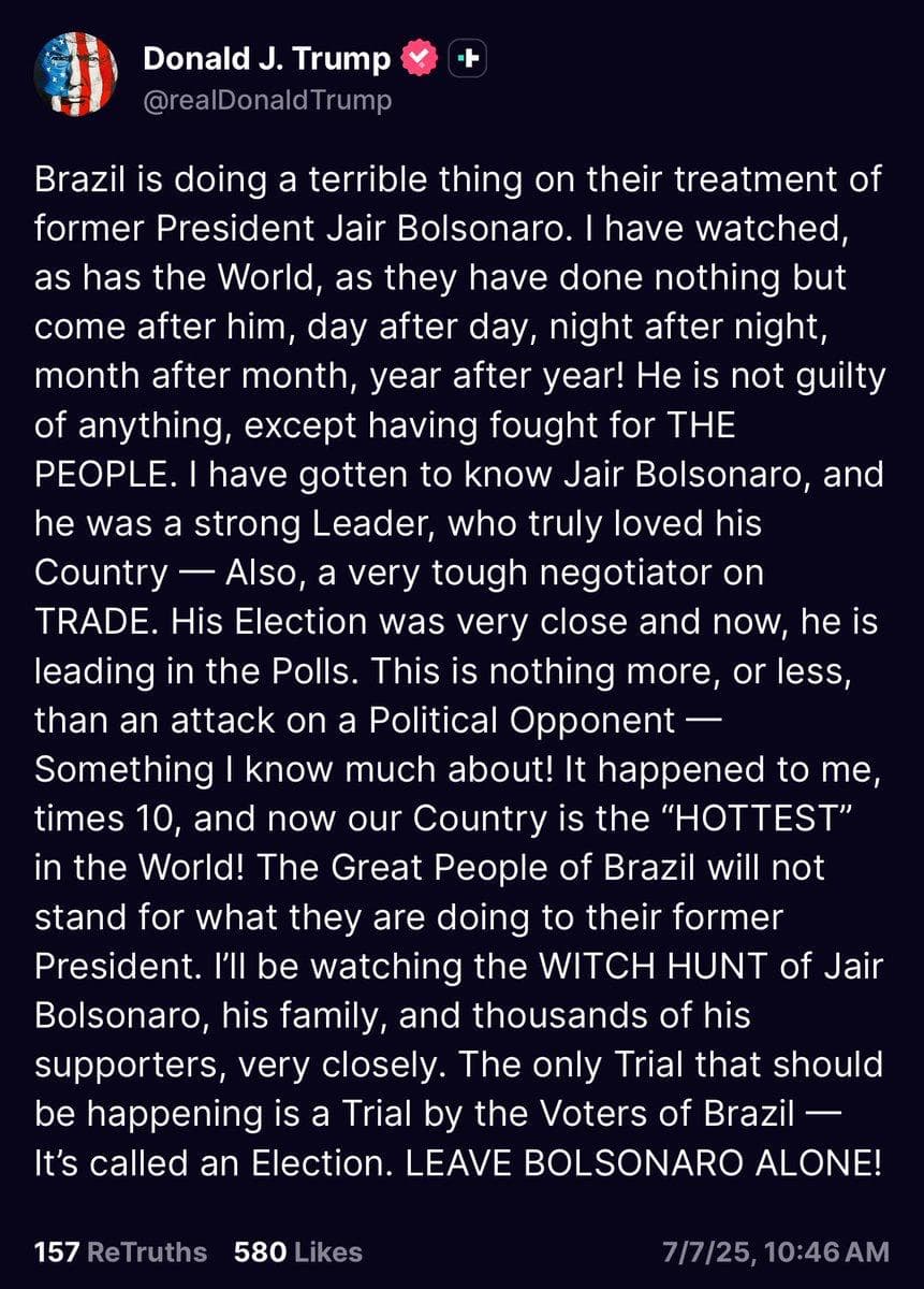 Trump faz post em defesa de Bolsonaro e pede para deixarem ex-presidente ‘em paz'