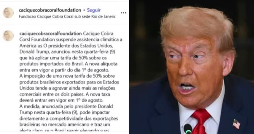 AGORA LASCOU TUDO: Após taxação de Trump, Cacique Cobra Coral anuncia suspensão de ‘assistência climática' aos EUA