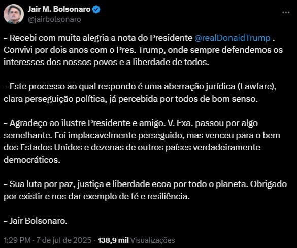 Bolsonaro diz que processo contra ele é ‘aberração jurídica' e ‘perseguição política' e agradece apoio de Trump: ‘Obrigado por existir'