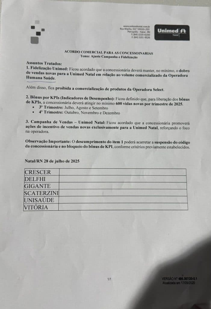 CHANTAGEM? Documento interno mostra como a Unimed Natal trata as corretoras de saúde