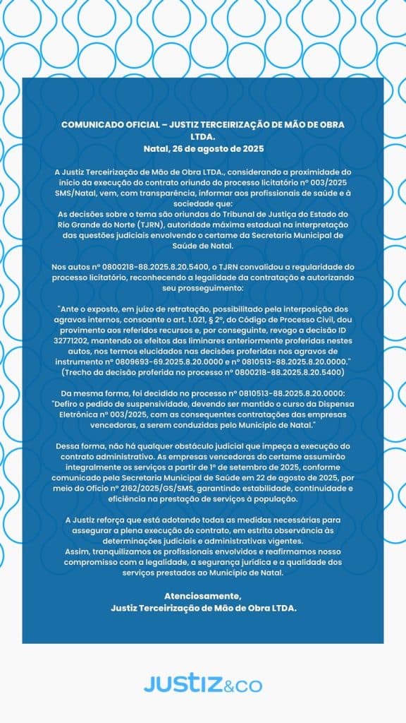 TJRN confirma legalidade de contrato e Justiz inicia prestação de serviços à Saúde de Natal em setembro