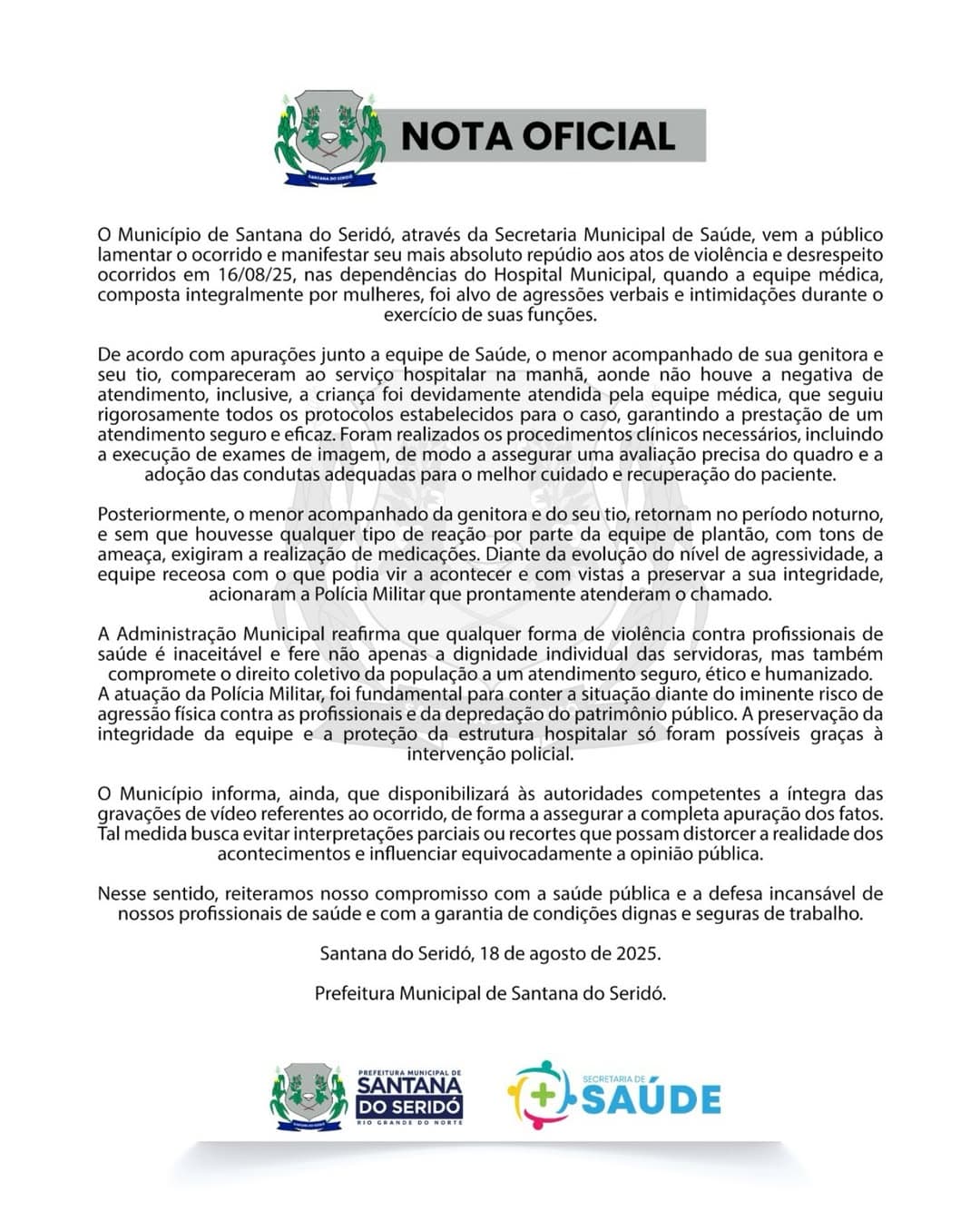 Prefeitura de Santana do Seridó solta nota dando apoio aos profissionais de saúde do hospital e repudiando agressões contra eles
