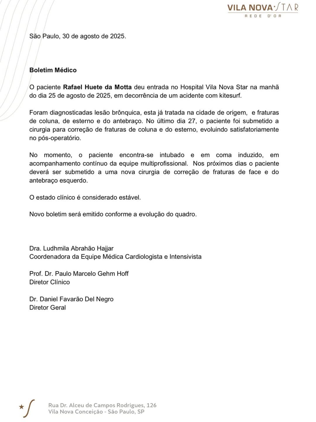 Rafael Motta passará por cirurgias para correção de fraturas na face e no antebraço, diz boletim médico
