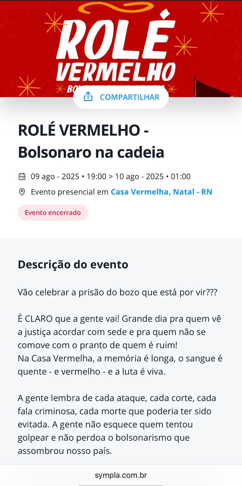 DEFESA CAIU: Site onde retirava o ingresso para festa bancada em parte com emenda de Brisa mostra que evento sempre teve caráter político contra Bolsonaro