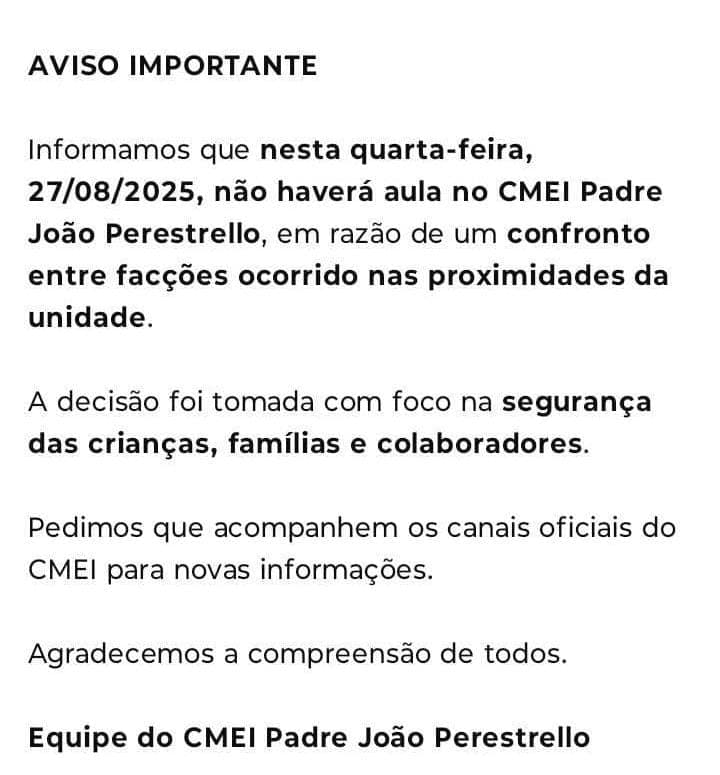 FALTA MAIS NADA: Aulas são suspensas após troca de tiros entre facções em Mãe Luiza