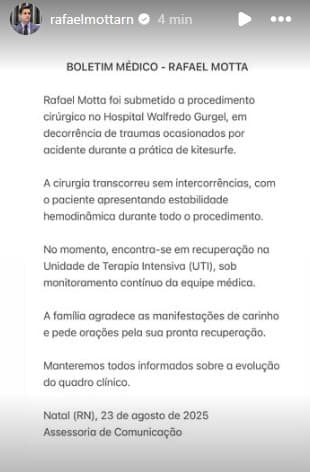 Rafael Motta passa por cirurgia e se recupera em UTI após acidente durante prática de kitesurf
