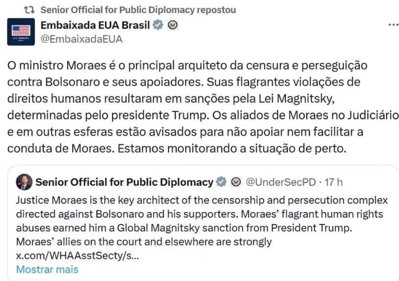 Embaixada dos EUA volta a criticar Moraes e manda recado a aliados do ministro: "Estão avisados"