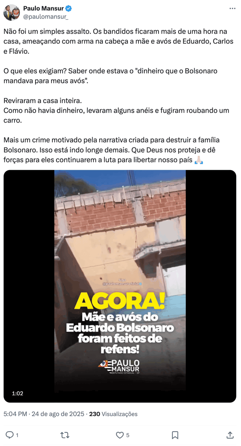 Oposição presta solidariedade à família Bolsonaro após assalto