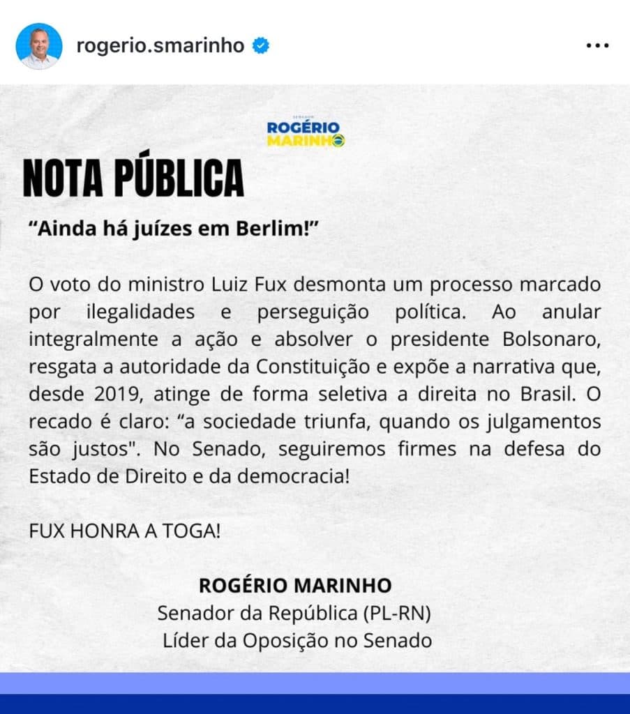 “FUX HONRA A TOGA”: Rogério Marinho elogia decisão de Luiz Fux que absolveu Bolsonaro e critica “perseguição política”