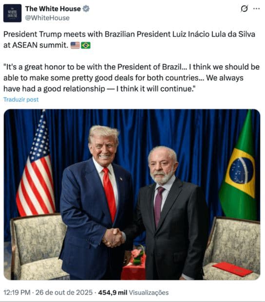 Casa Branca diz que encontro entre Trump e Lula deve levar a ‘bons negócios’ entre EUA e Brasil