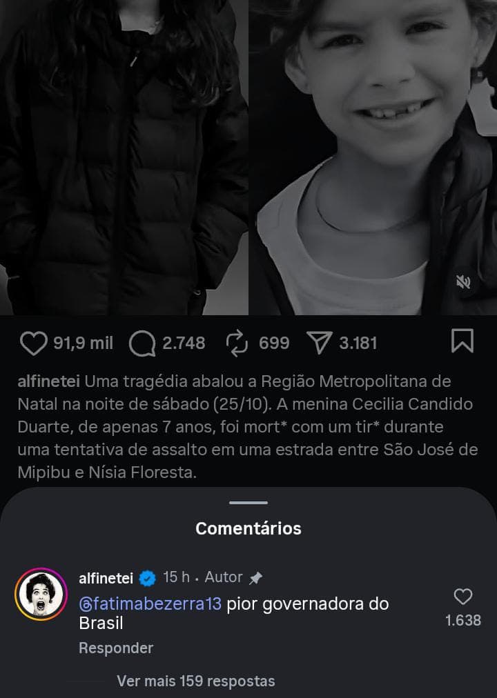 "Pior governadora do Brasil", diz o perfil Alfinetei sobre Fátima Bezerra
