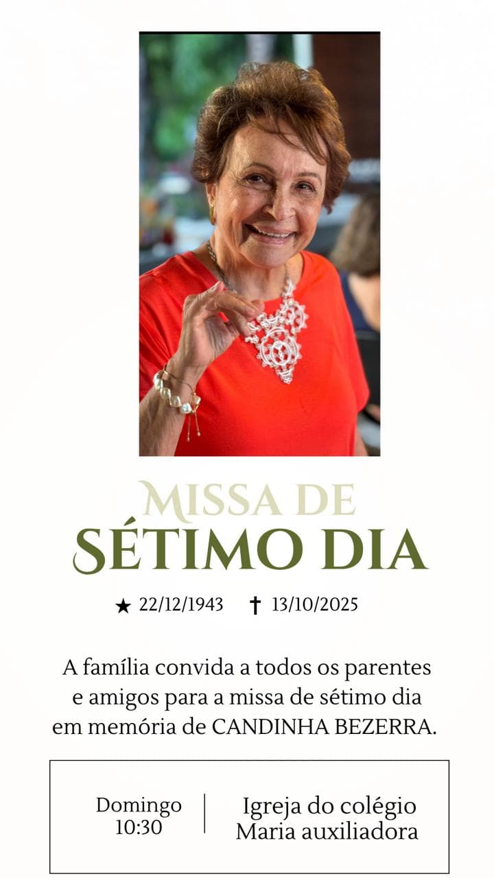 Missa de sétimo dia de Candinha Bezerra será neste domingo (19)