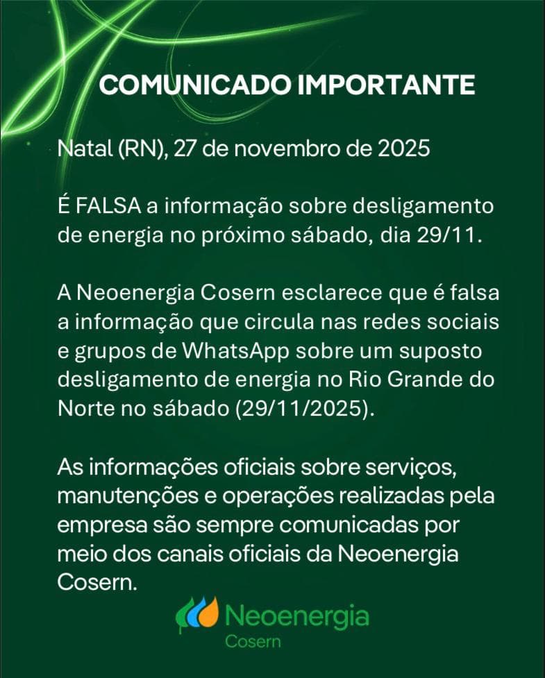 Neoenergia Cosern desmente boato sobre desligamento de energia no próximo sábado (29) no RN