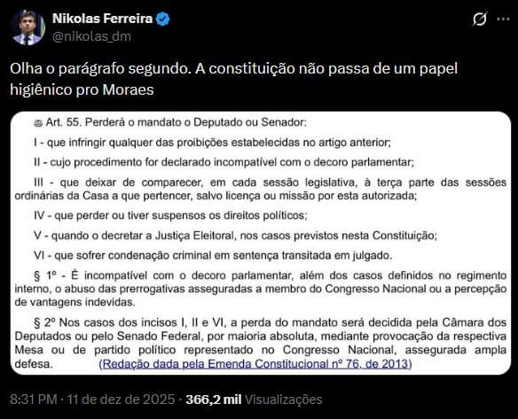 ‘A Constituição não passa de um papel higiênico pro Moraes', diz Nikolas Ferreira
