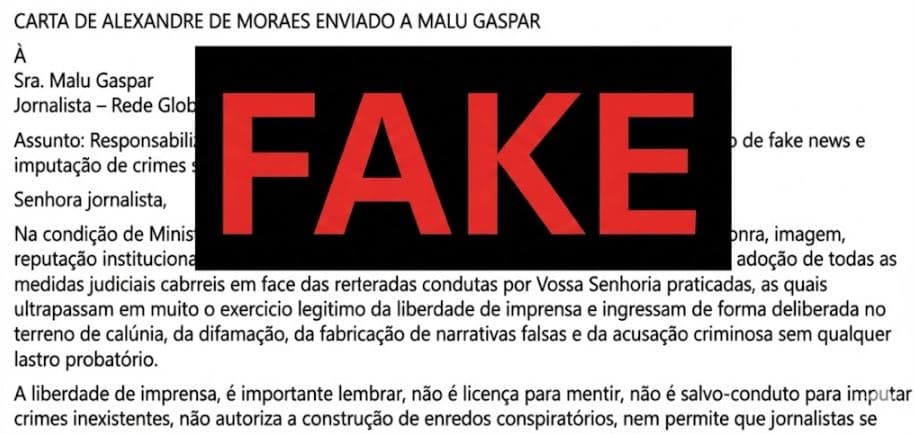 É falso que Moraes escreveu carta para Malu Gaspar anunciando processo contra a jornalista