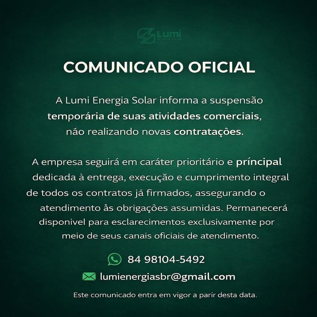 Lumi Energia Solar suspende atividades comerciais e interrompe novas contratações