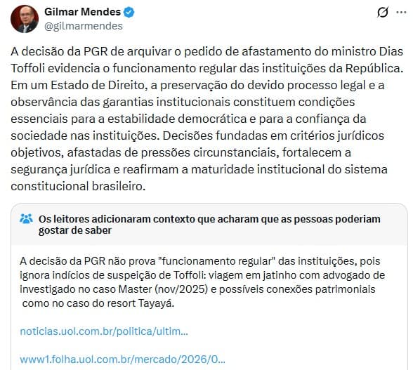 Gilmar elogia PGR por arquivar acusações contra Toffoli e recebe correção no X