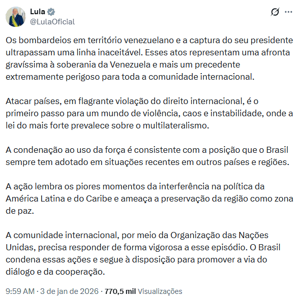 Lula diz que ataque dos EUA à Venezuela e captura de Maduro são ‘afronta gravíssima à soberania' e ‘precedente perigoso'