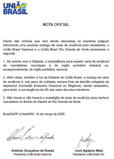 União Brasil descarta liberar vereadores para mudança de partido no RN