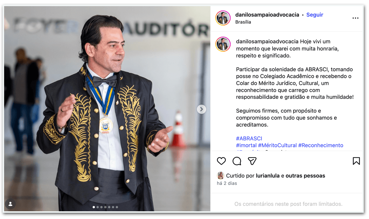 Genro de Lula recebe honraria jurídica em cerimônia em Brasília