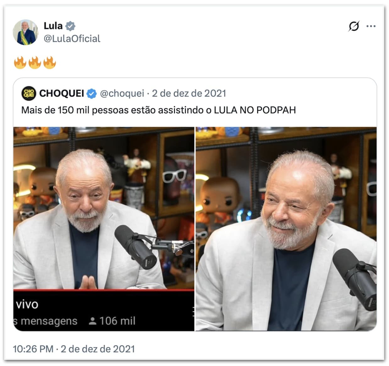 Lula e Choquei trocavam mensagens e coraçõezinhos no X