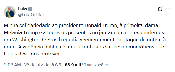 ‘Violência política é uma afronta aos valores democráticos’, diz Lula em repúdio a tentativa de ataque a Trump