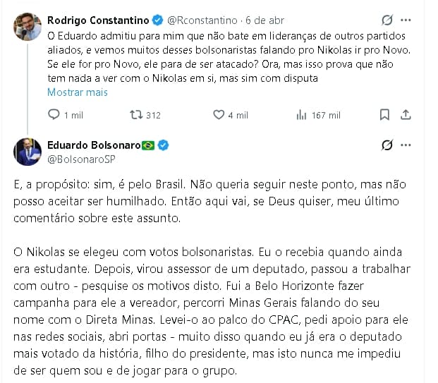 “Não posso aceitar ser humilhado”, diz Eduardo Bolsonaro ao comentar atrito com Nikolas Ferreira nas redes