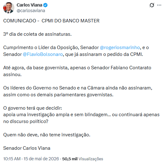 Flávio Bolsonaro e Rogério Marinho assinam pedido de criação de CPMI do Banco Master