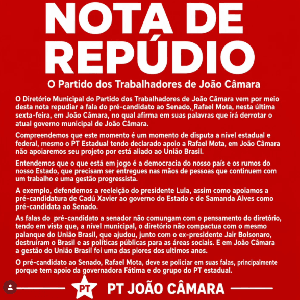PT de João Câmara solta nota e repudia Rafael Motta