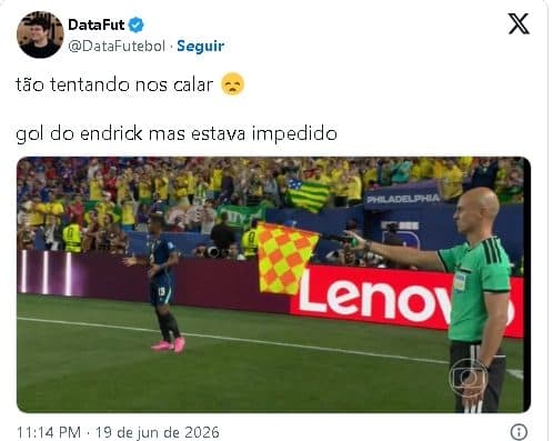 WEB NÃO PERDOA: Gol de Endrick é anulado na Copa e reação toma conta das redes